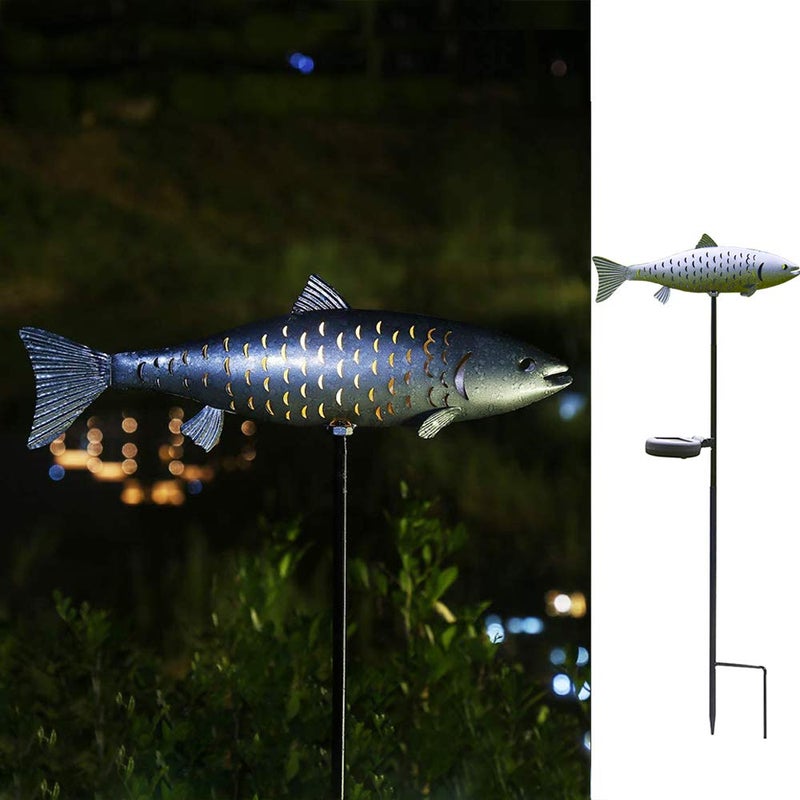 KAIXOXIN Solar Garden Lights Metal Fish Decorative Stake for Outdoor Patio Yard Decorations,Warm White LED Solar Path Lights (Silver-2) - Image 1